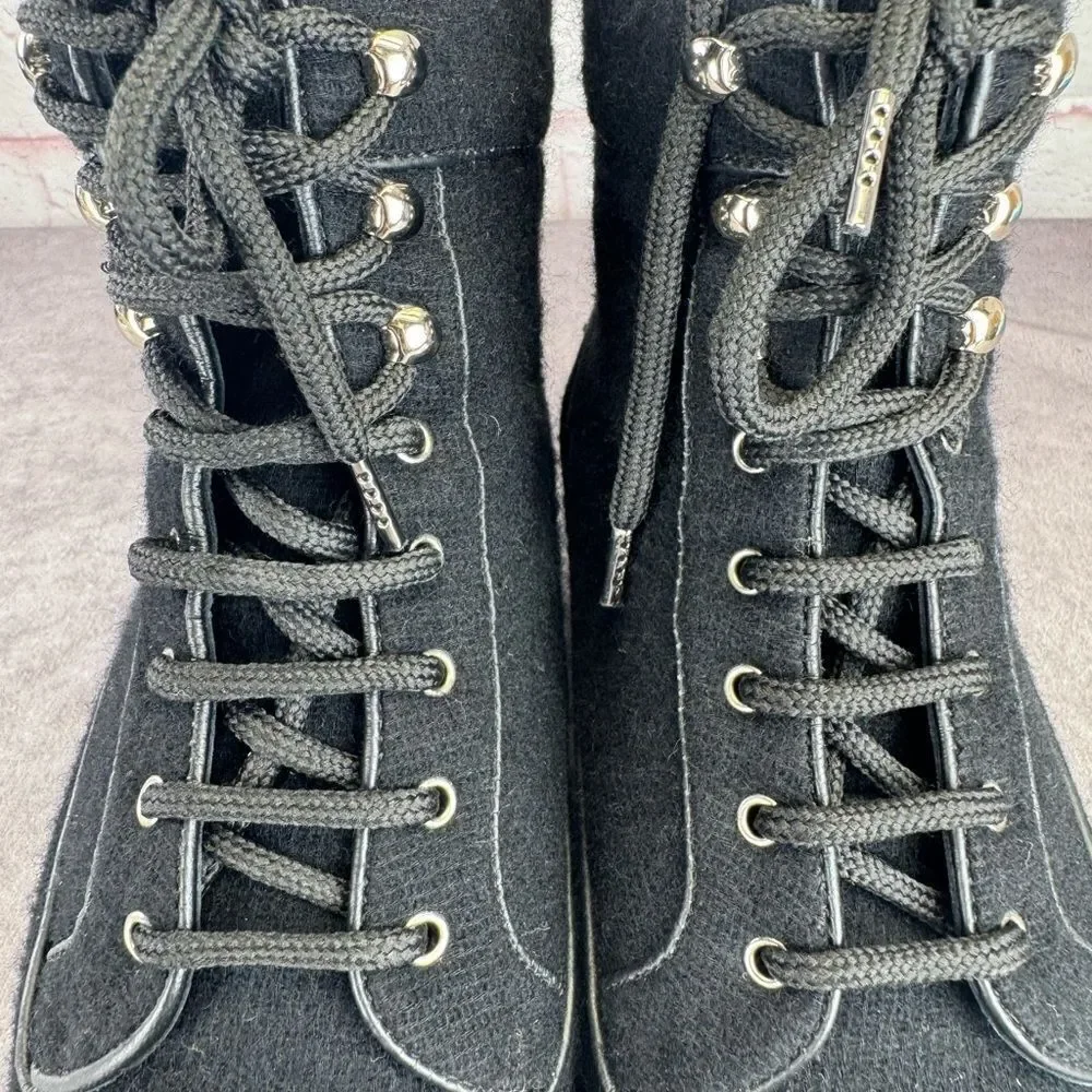 Chanel $1450 Wool Lace Up Black Biker Ankle Boots 9